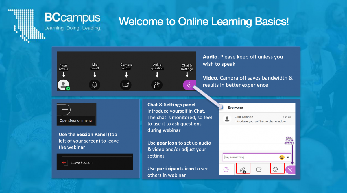 Screen shot of a welcome slide showing the title of a synchronous session and basic orientation instructions for particiapnts on how to use the platform