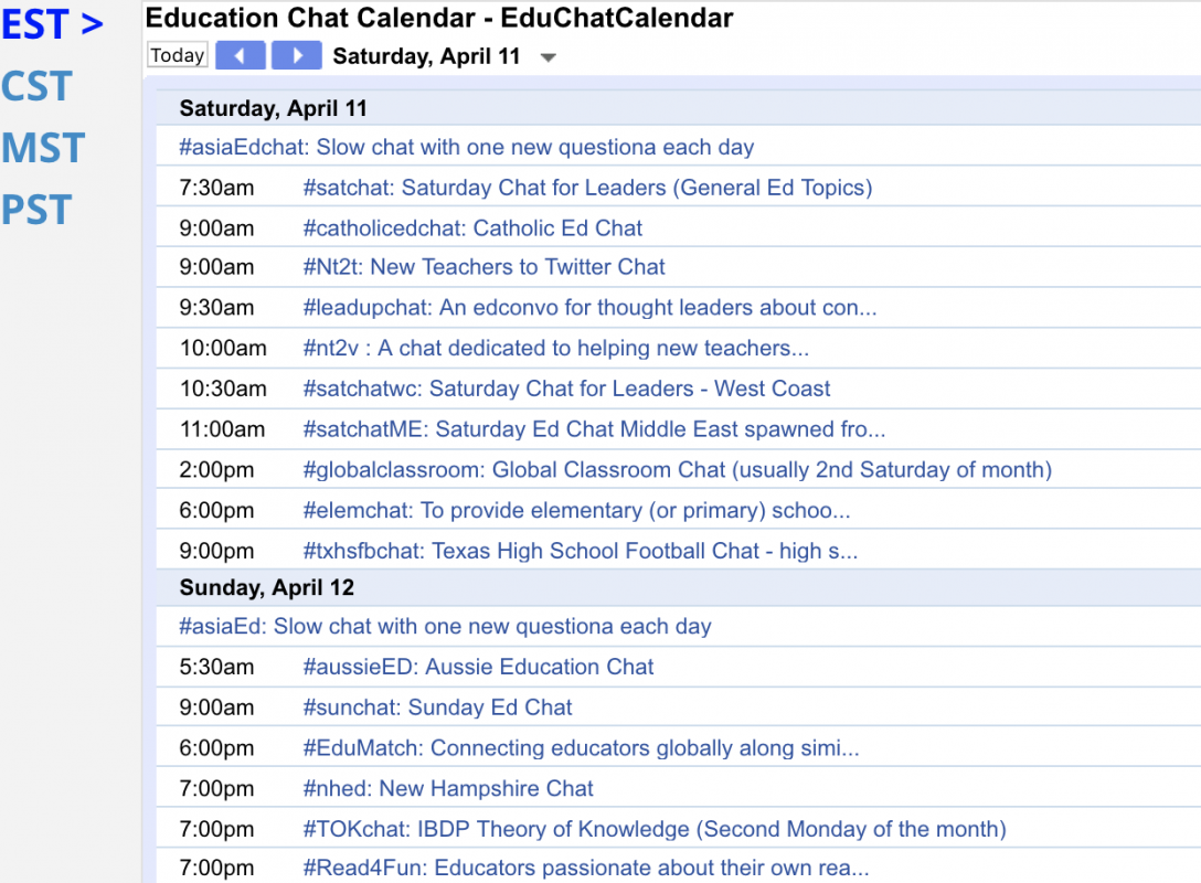 Screenshot of the Education Twitter Chats Calendar on Google