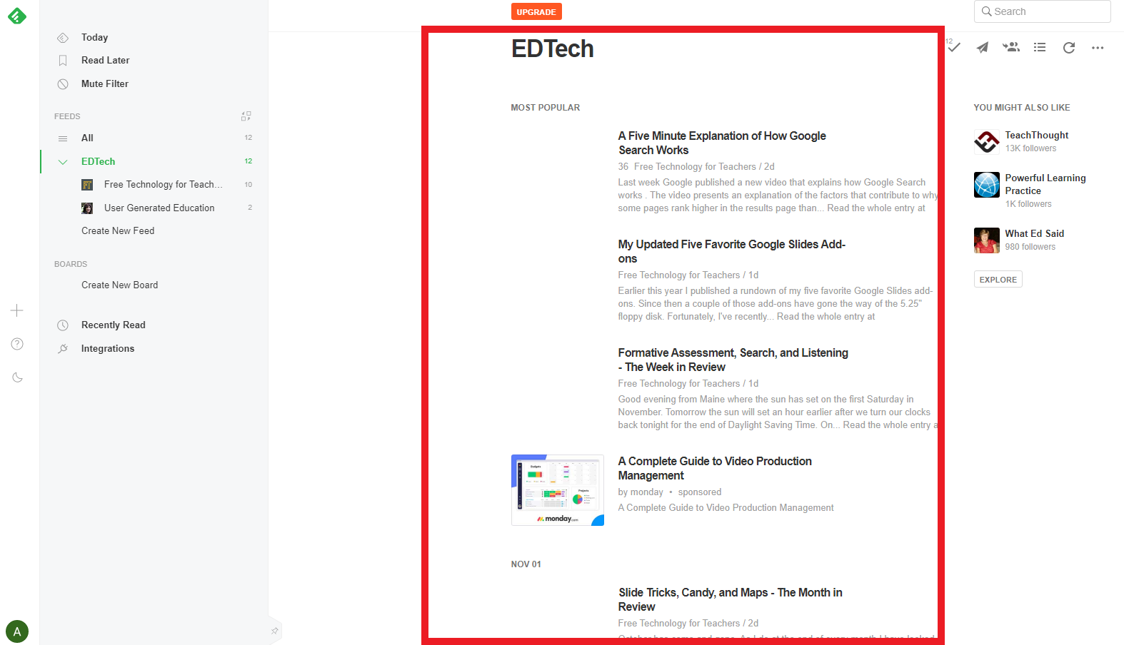 EDTech blog outline on Feedly