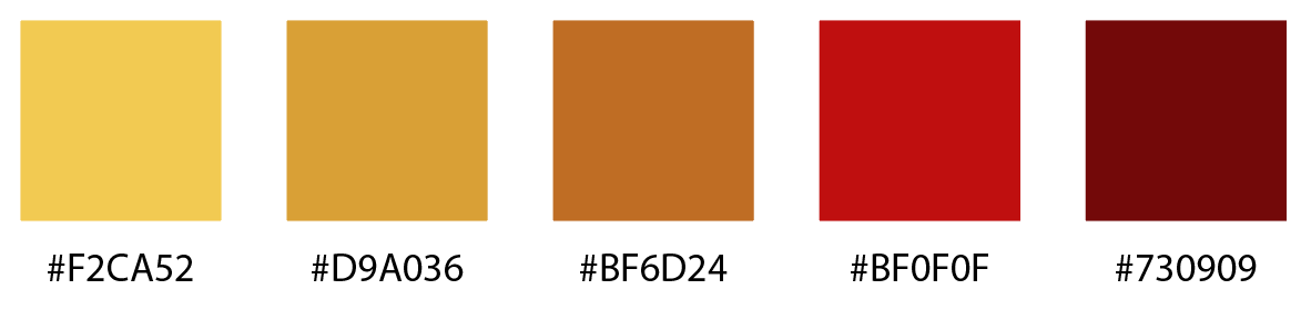 a five color palette for articles, including: #f2ca52, #d9a036, #bf6d24, #bf0f0f, and #730909