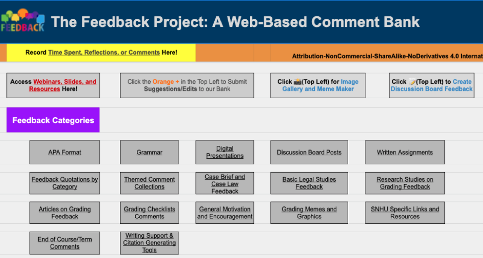 Home-page of the open-access web-based comment bank. There are links to APA format, grammar, digital presentations, discussion board posts, written assignments and more.  