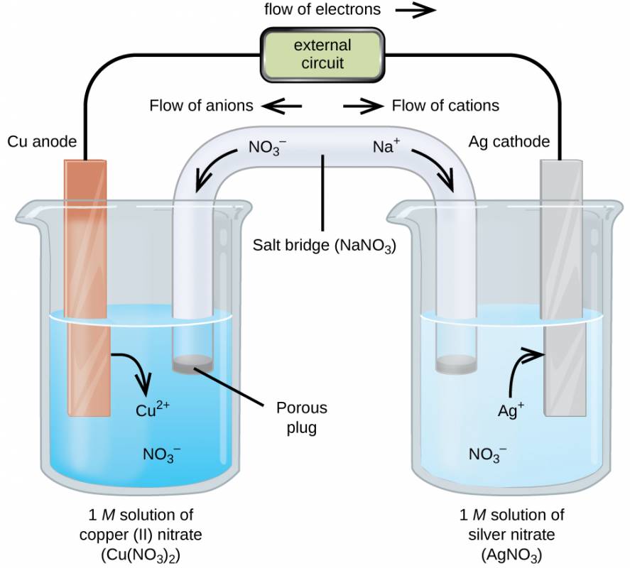 This figure contains a diagram of an electrochemical cell. Two beakers are shown. Each is just over half full. The beaker on the left contains a blue solution and is labeled below as “1 M solution of copper (II) nitrate ( C u ( N O subscript 3 ) subscript 2 ).” The beaker on the right contains a colorless solution and is labeled below as “1 M solution of silver nitrate ( A g N O subscript 3 ).” A glass tube in the shape of an inverted U connects the two beakers at the center of the diagram. The tube contents are colorless. The ends of the tubes are beneath the surface of the solutions in the beakers and a small gray plug is present at each end of the tube. The plug in the left beaker is labeled “Porous plug.” At the center of the diagram, the tube is labeled “Salt bridge ( N a N O subscript 3 ). Each beaker shows a metal strip partially submerged in the liquid. The beaker on the left has an orange-brown strip that is labeled “C u anode negative” at the top. The beaker on the right has a silver strip that is labeled “A g cathode positive” at the top. A wire extends from the top of each of these strips to a rectangle indicating “external circuit” that is labeled “flow of electrons” with an arrow pointing to the right following. A curved arrow extends from the C u strip into the surrounding solution. The tip of this arrow is labeled “C u superscript 2 plus.” A curved arrow extends from the salt bridge into the beaker on the left into the blue solution. The tip of this arrow is labeled “N O subscript 3 superscript negative.” A curved arrow extends from the solution in the beaker on the right to the A g strip. The base of this arrow is labeled “A g superscript plus.” A curved arrow extends from the colorless solution to salt bridge in the beaker on the right. The base of this arrow is labeled “N O subscript 3 superscript negative.” Just right of the salt bridge in the colorless solution is the label “N a superscript plus.” Just above this region of the tube appears the label “Flow of cations.” Just left of the salt bridge in the blue solution is the label “N O subscript 3 superscript negative.” Just above this region of the tube appears the label “Flow of anions.”