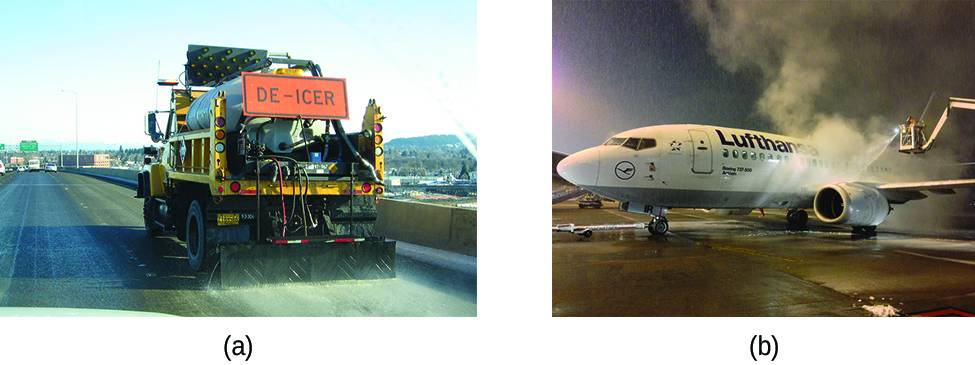 This figure contains two photos. The first photo is a rear view of a large highway maintenance truck carrying a bright orange de-icer sign. A white material appears to be deposited at the rear of the truck onto the roadway. The second image is of an airplane being sprayed with a solution to remove ice prior to take off.