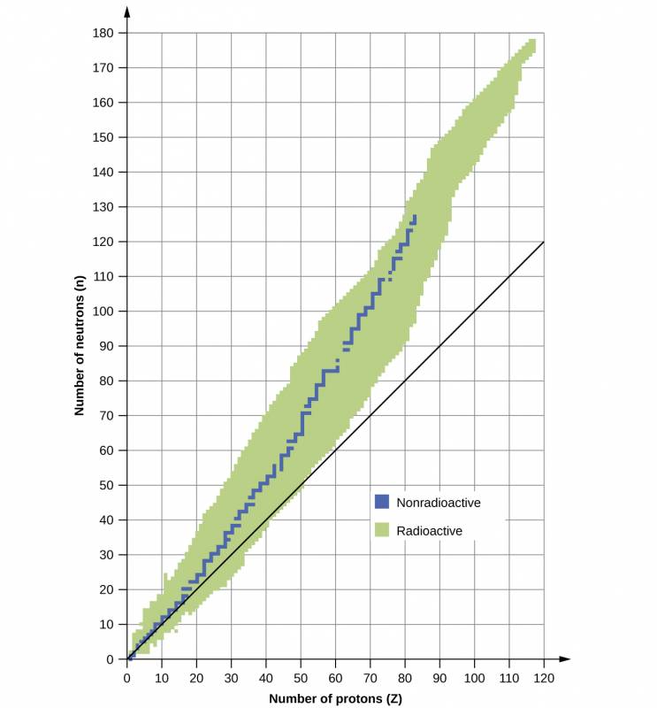 A graph is shown where the x-axis is labeled “Number of neutrons, open parenthesis, n, close parenthesis” and has values of 0 to 180 in increments of 10. The y-axis is labeled “Number of protons, open parenthesis, Z, close parenthesis” and has values of 0 to 120 in increments of 10. A green shaded band of varying width, labeled “Radioactive,” extends from point 0 on both axes to 178 on the y-axis and 118 on the x-axis in a linear manner. The width of this band varies from 8 to 18 units in width according to the x-axis measurements. A blue line in a roughly zig-zag pattern runs through the middle of the shaded band and stops at 128 on the y-axis and 82 on the x-axis. This line is labeled “Nonradioactive.” An unlabeled, black, solid line extends from point 0, 0 to 120, 120 in a linear manner.