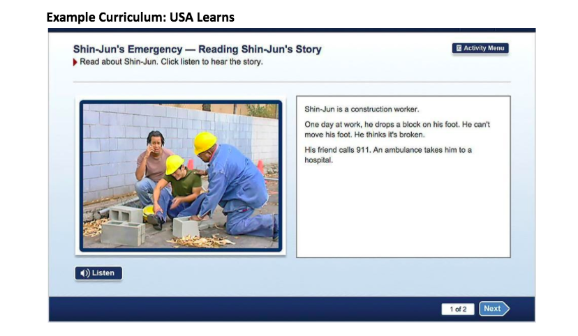 Screen from an example curriculum, USA Learns. 