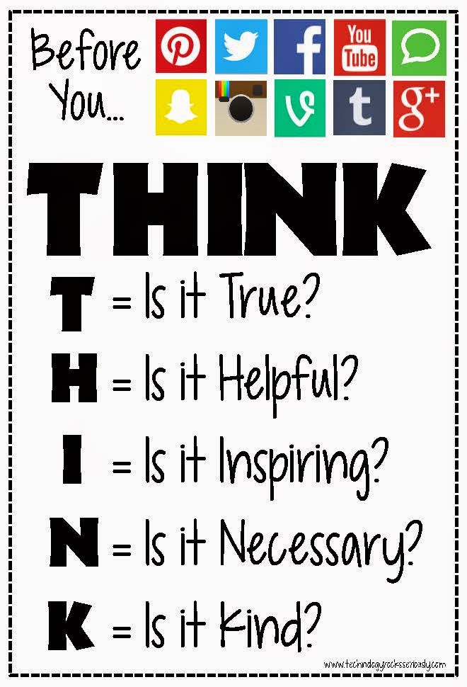 A poster that says, "Before you dot dot dot" then displays icons for various social media outlets. The work  "THINK." appears across the top. It then lists the label questions for each letter of THINK. T, Is is true? H, Is it helpful? I, Is it Inspiring? N, Is it Necessary? K, Is it Kind?