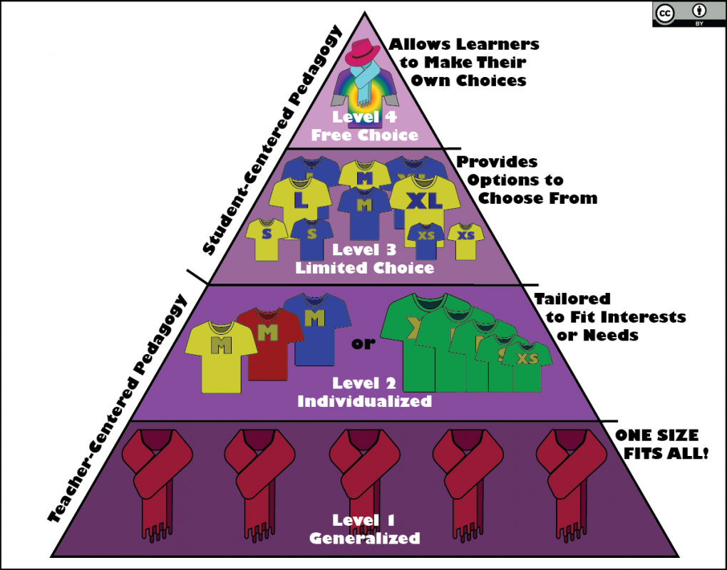 The Taxonomy goes from teacher-centered practices in the bottom two rows or a four row pyramid labeled as Generalized on the bottom and Individualized on the third row to student-centered practices in the top two rows of the pyramid, labeled free choice at the top and limited choice on the second row.