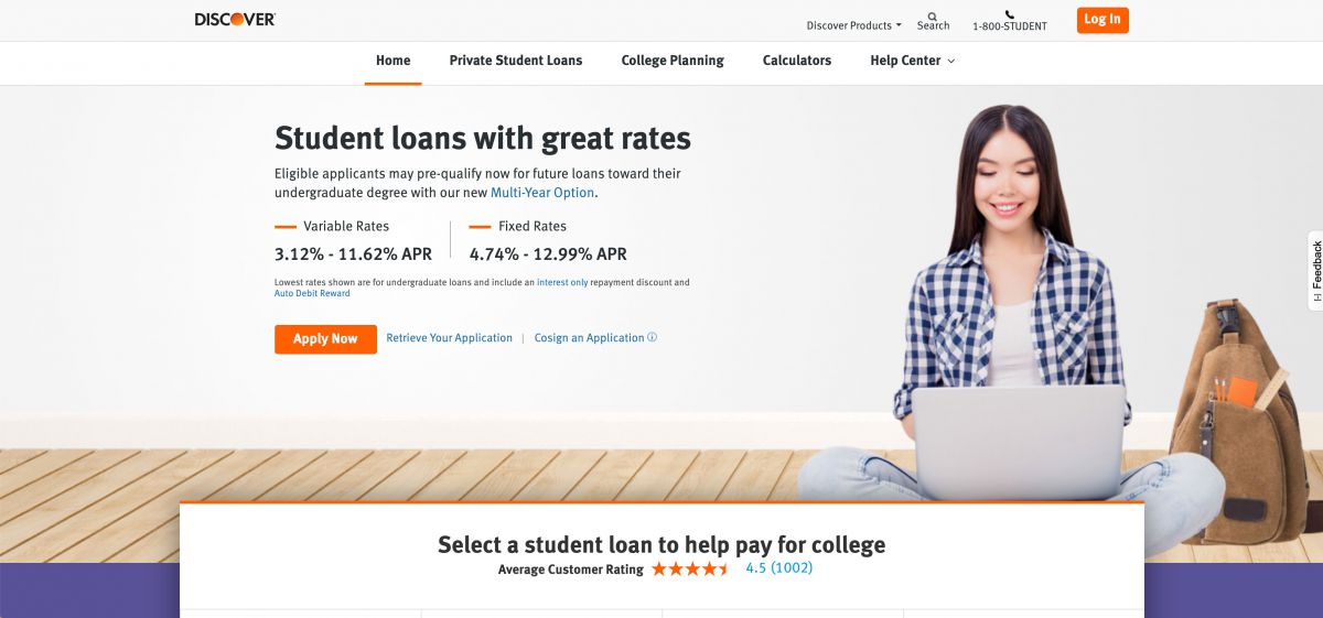 Screenshot of discover.com/student-loans, which studentloan.com redirects to