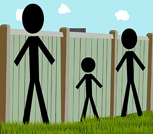 Three people of different heights standing in front of a fence. The tallest person is the only one who can see over.