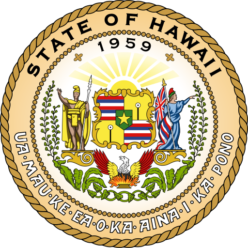 The Great Seal of the State of Hawaii, in use from 1959 to the present day. Original design approved by Sanford B. Dole, the President of the Republic of Hawaii. Altered in 1901 to represent the change in status from republic to territory. Altered again in 1959 when the Legislature passed Act 272 (Regular Session of 1959).