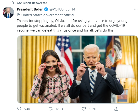 Tweet of President Biden and Olivia Rodrigo putting on sunglasses together in the oval office with description: Thanks for stopping by, Olivia, and for using your voice to urge young people to get vaccinated. If we all do our part and get the COVID-19 vaccine, we can defeat this virus once and for all. Let’s do this.