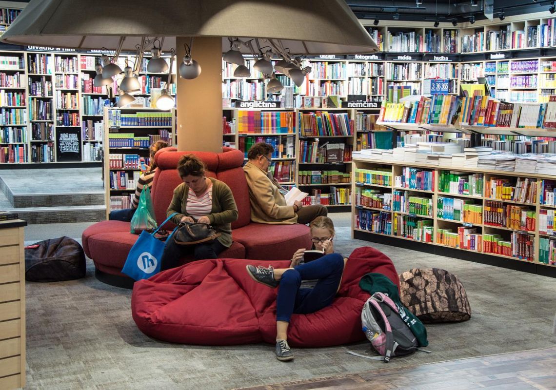 Picture of a bookstore with people reading books