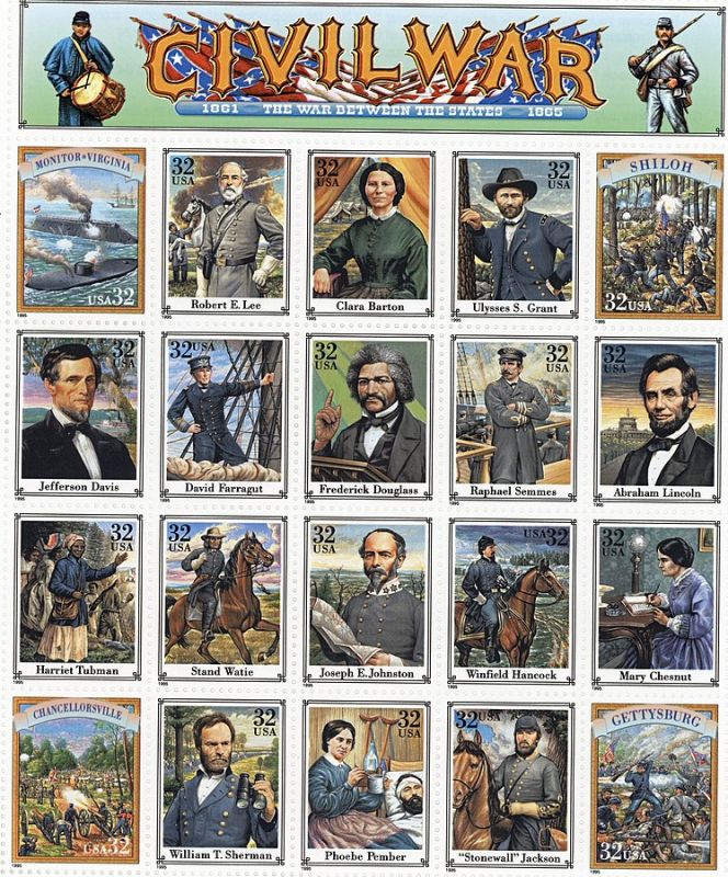 A sheet of US 32-cent postage stamps commemorating the American Civil War/War Between the States.