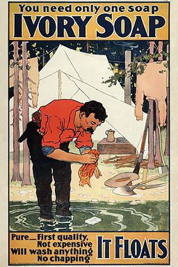 Poster with man washing clothes that says "you only need one soap: Ivory soap. Pure - first quality, not expensive. Will wash anything. No chapping. It floats"