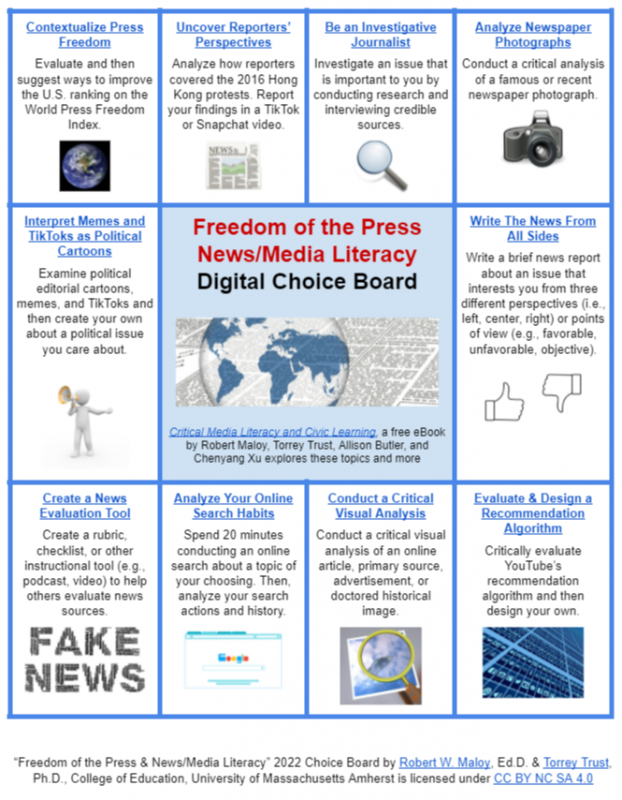 Freedom of the Press and News/Media Literacy choice board screenshot