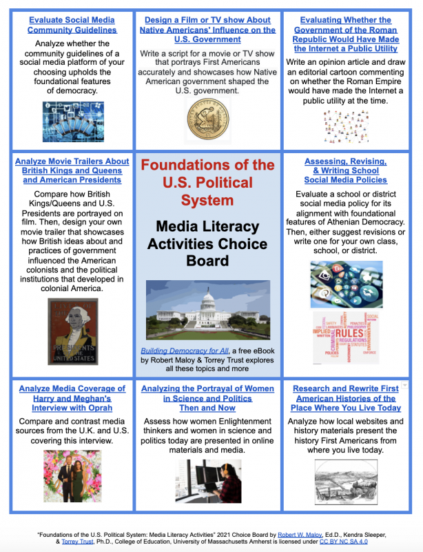 Screenshot of media literacy choice board for topic 1