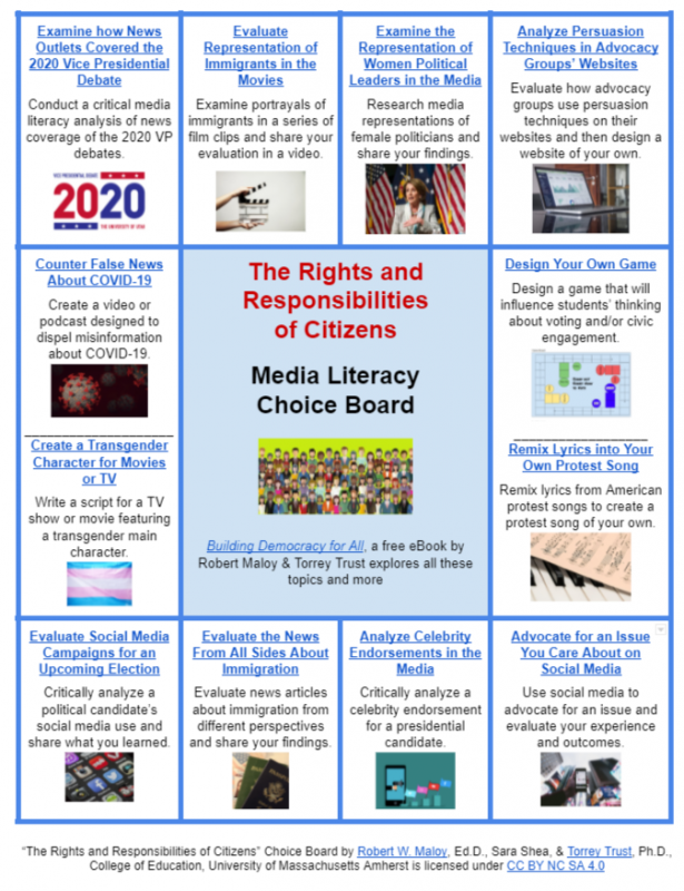 Screenshot of the The Rights and Responsibilities  of Citizens  Media Literacy Choice Board