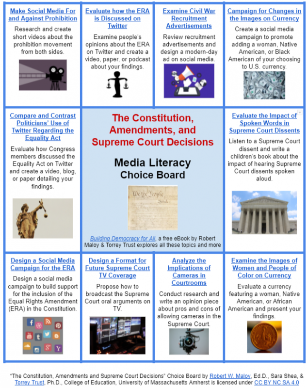 The Constitution, Amendments, and  Supreme Court Decisions Media Literacy Choice Board