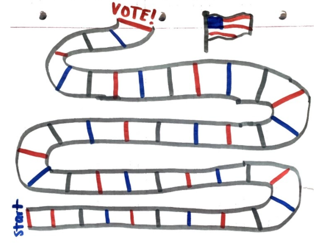 Sketch of voting land which is a red white and blue version of candyland