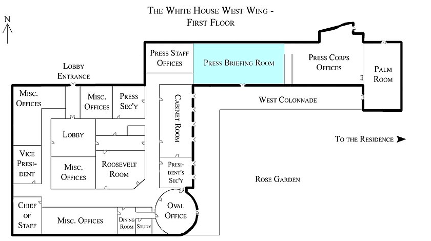 White House West Wing - 1st Floor with the Press Briefing Room highlighted