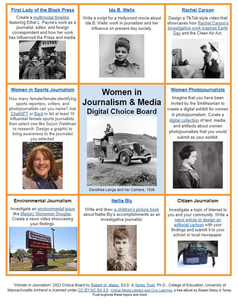 Women in Journalism & Media choice board screenshot