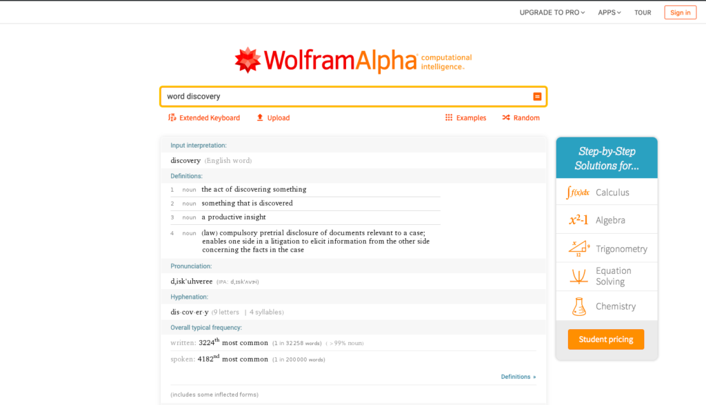 Screenshot of Wolfram Alpha language section