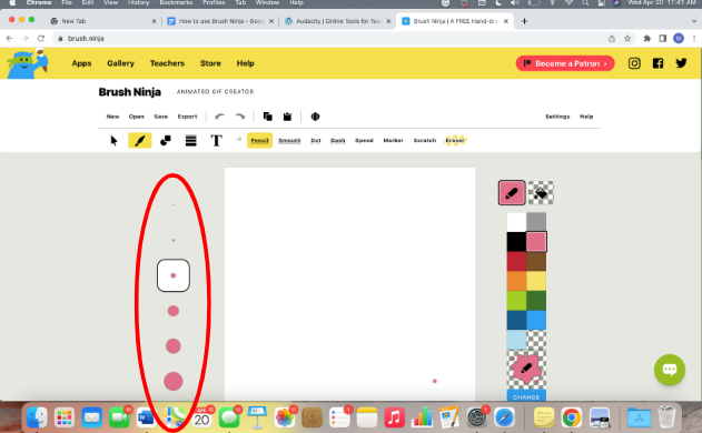 Brush size selection. Located to the left of canvas. 