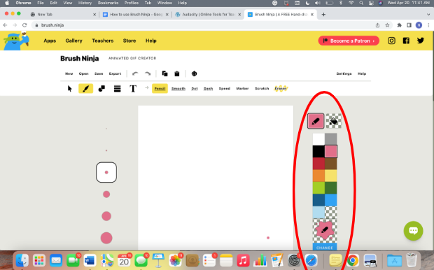 Circled image of color palette. Located to the right of the canvas. 