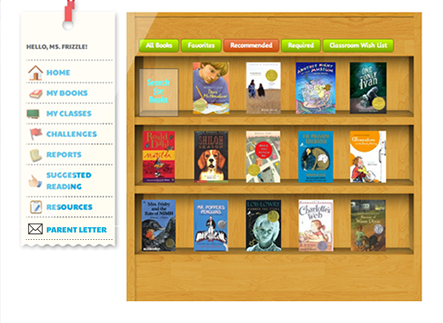 This image shows a bookshelf of recommended books to read on a teacher account. On the left side of the screen there is a menu consisting of home, my books, my classes, challenges, reports, suggested reading, resources and parent letter.