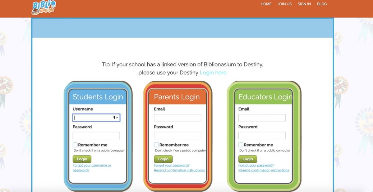 This image shows three separate options to login to Biblionasium (Student, Parent and Educator). To login, you need to insert your email and password.