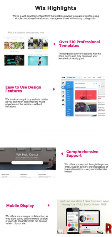 Wix Highlights: Over 510 Professional Templates; Easy to Use Design features; comprehensive support; mobile display