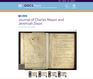 Screenshot of the DocsTeach website showing the Journal of Charles Mason and Jeremiah Dixon