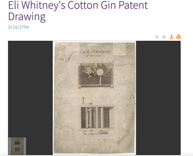 Screenshot of the DocsTeach website showing Eli Whitney's Cotton Gin Patent Drawing.