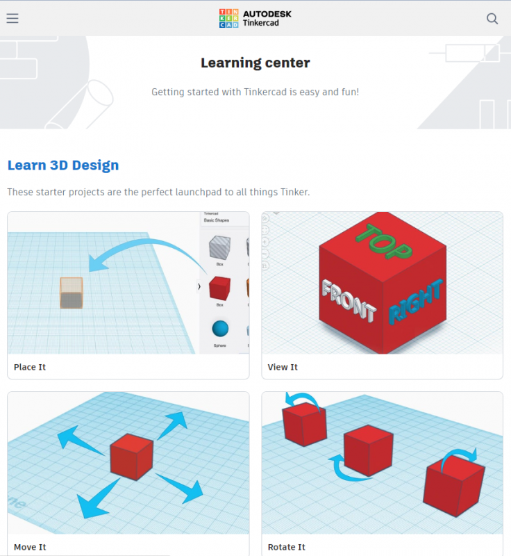 Screenshot of Tinkercad learning center page