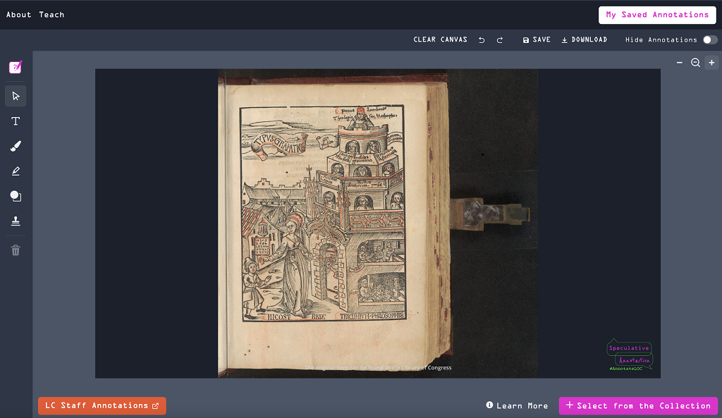 An image of an ancient book can be seen in an image editor which allows the user to add annotations.