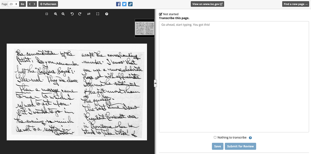 The transcription tool from the Library of Congress. An image of a piece of paper, alongside a text box to type in the contents of the image.