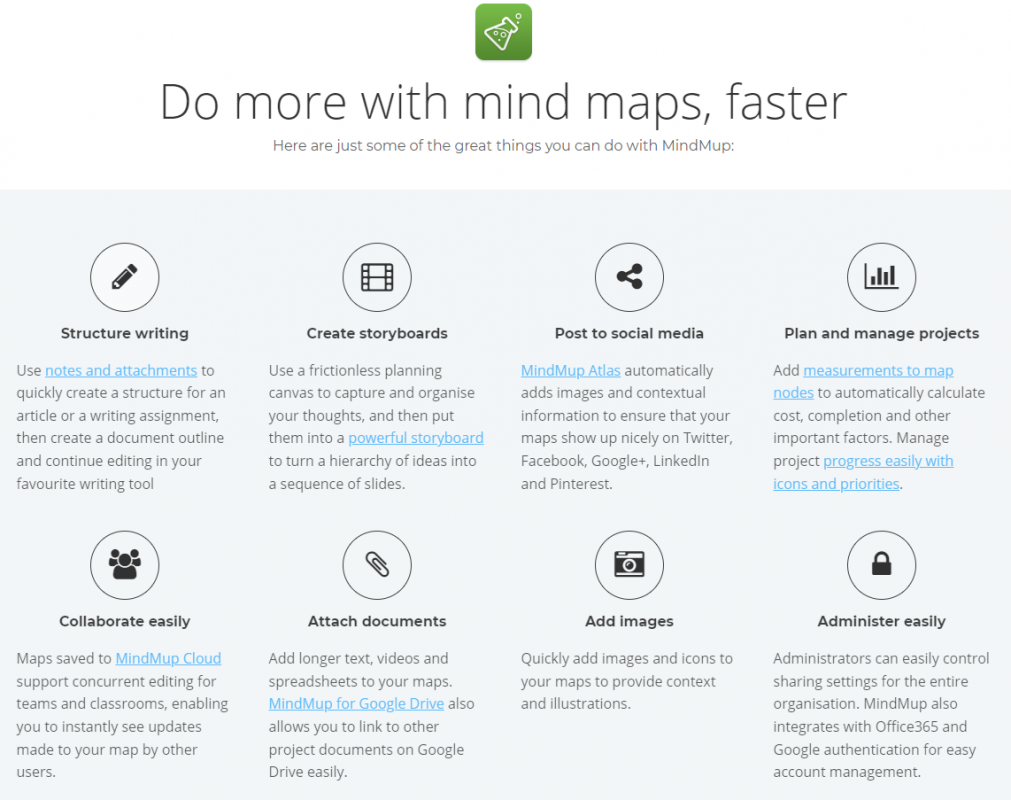 Mindmap homepage:  Structure writing Use notes and attachments to quickly create a structure for an article or a writing assignment, then create a document outline and continue editing in your favourite writing tool  Create storyboards Use a frictionless planning canvas to capture and organise your thoughts, and then put them into a powerful storyboard to turn a hierarchy of ideas into a sequence of slides.  Post to social media MindMup Atlas automatically adds images and contextual information to ensure that your maps show up nicely on Twitter, Facebook, Google+, LinkedIn and Pinterest.  Plan and manage projects Add measurements to map nodes to automatically calculate cost, completion and other important factors. Manage project progress easily with icons and priorities.  Collaborate easily Maps saved to MindMup Cloud support concurrent editing for teams and classrooms, enabling you to instantly see updates made to your map by other users.  Attach documents Add longer text, videos and spreadsheets to your maps. MindMup for Google Drive also allows you to link to other project documents on Google Drive easily.  Add images Quickly add images and icons to your maps to provide context and illustrations.  Administer easily Administrators can easily control sharing settings for the entire organisation. MindMup also integrates with Office365 and Google authentication for easy account management.