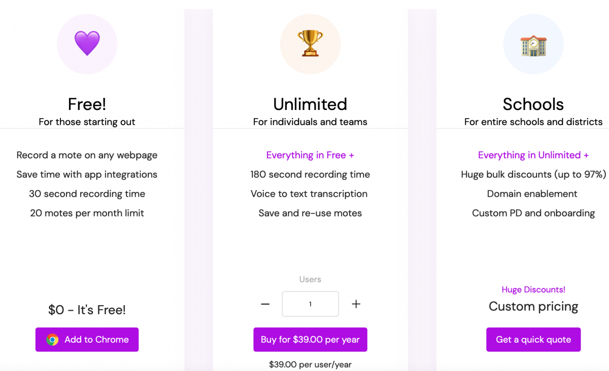 Comparison of “Free, Unlimited, and Schools” pricing plans