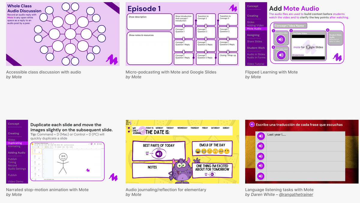 “whole class audio discussion” idea, “micro-podcasting” idea, “Flipped learning” idea, “stop-motion animation” idea, “audio journaling” idea, and “language listening tasks” idea