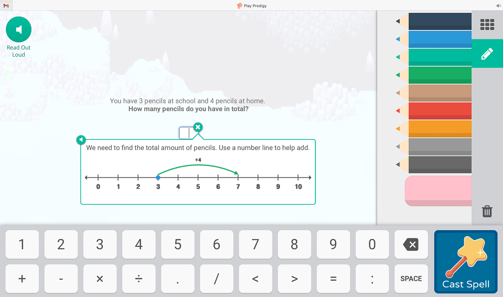 Blue and green background with pencils and an eraser on the right side, a number and symbols keyboard on the bottom and a “cast spell” button on the bottom right to submit the answer. There is also a read aloud button on the top left of the picture. There is a question in the middle of a screen with a number line underneath it showing a line going from 3 to 7 to indicate +4.  Screen Reader: The question in the middle of the screen reads, “You have 3 pencils at school and 4 pencils at home. How many pencils do you have in total?” The statement about the number line reads, “We need to find the total amount of pencils. Use a number line to help add. 