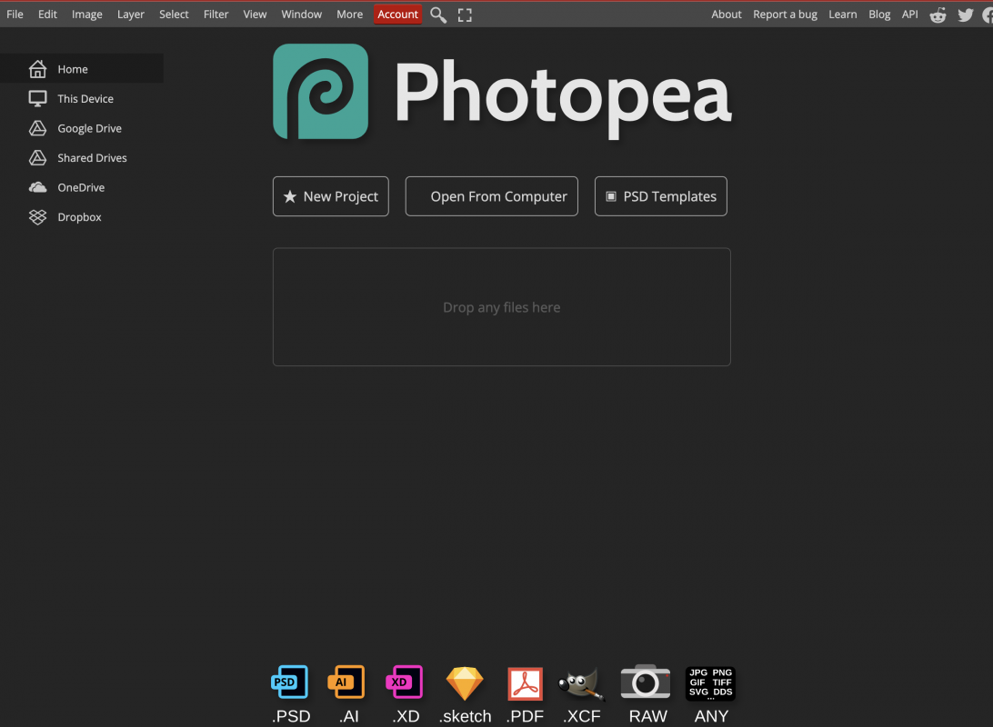 Photopea.com initial screen. Create a new project, open from your computer, or open a template another user created.