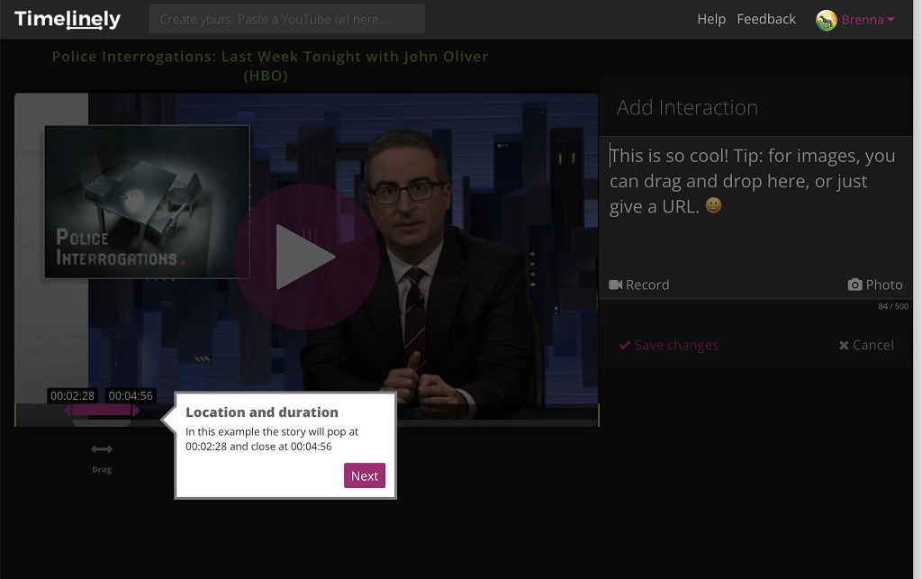 image shows Timelinely interface with tutorial feature enabled. Clip being annotated is John Oliver's 