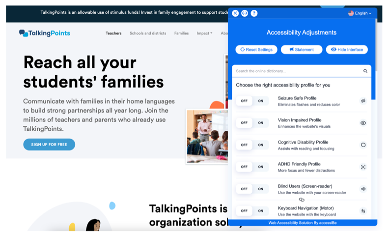 Screenshot of the AccessiBle user tool installed in TalkingPoints Alt Text - TalkingPoints teacher homepage, accessibility adjustments page shown next to the homepage, users can choose the right accessibility profile for them, including: seizure safe profile, vision impairment profile, cognitive disability profile, ADHD friendly profile, or blind users (screen-reader) with on or off buttons next to each option.
