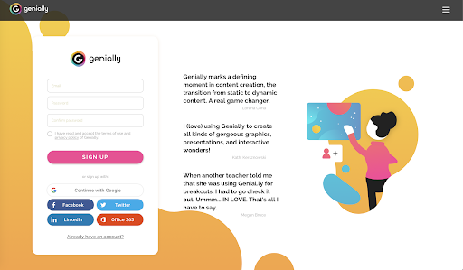 Genial.ly sign in/sign up page. It has the option of signing up with Google, Facebook, Twitter, Linkdin and Office 365.