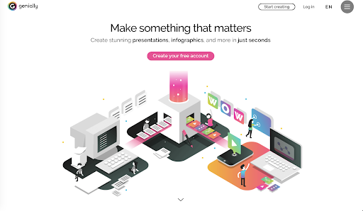 The Genial.ly home page with the title 'Make something that matters - create stunning presentations, infographics and more in just seconds' along with a button saying 'Create your free account'.