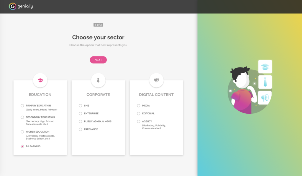 A page with the heading 'Choose your sector' and the options 'Education, Corporate, and Digital Content'. 