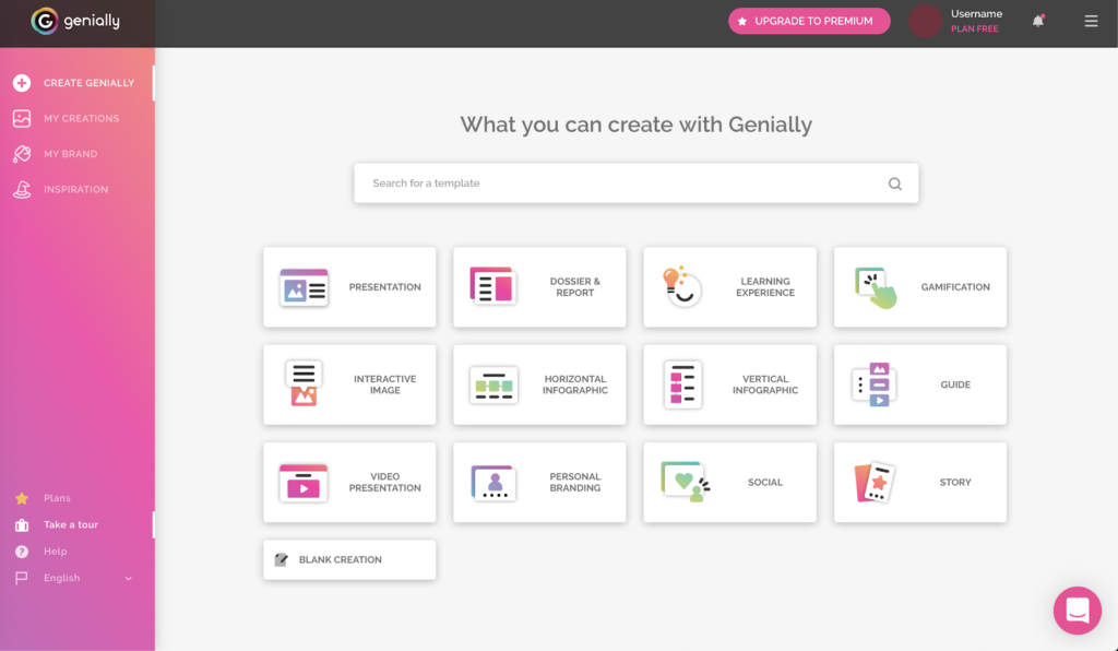 The Genial.ly Dashboard with the heading 'What you can create with Genial.ly' with 12 different options such as presentation, infographic, story and guide.