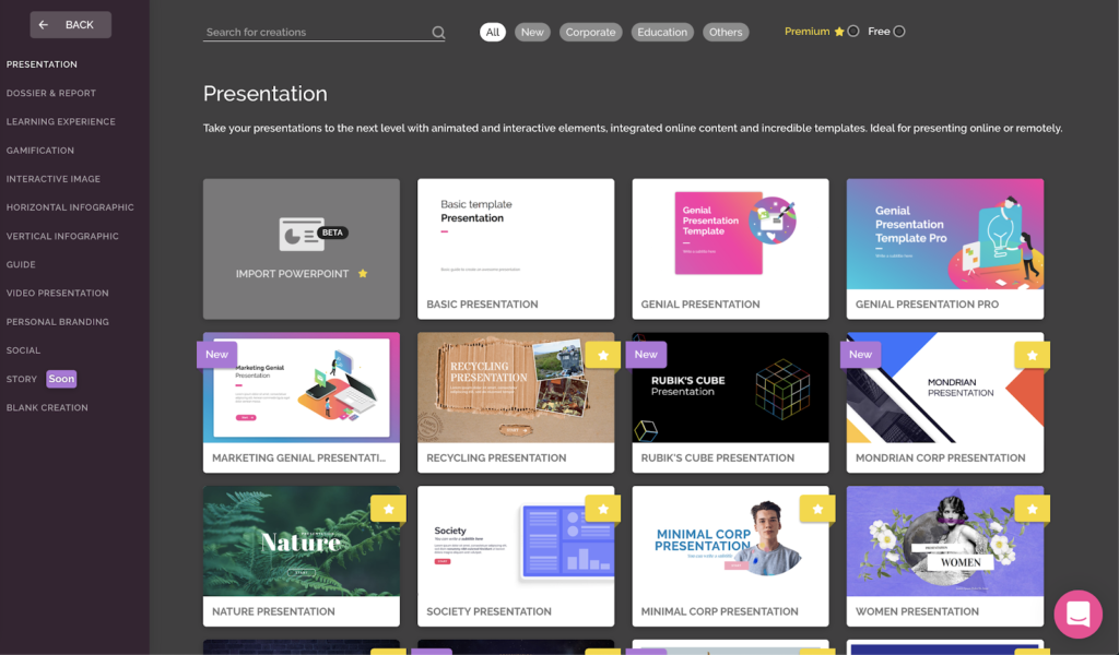 The 'Presentation' page with numerous presentation templates.