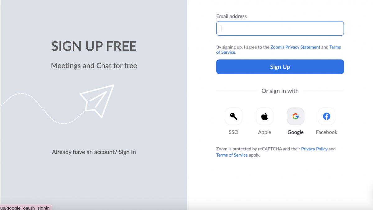 Zoom Sign Up Page