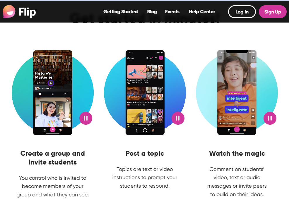 Screenshot of flipgrid home page that says "Create a group and invite students You control who is invited to become members of your group and what they can see.  Post a topic Topics are text or video instructions to prompt your students to respond.  Watch the magic Comment on students’ video, text or audio messages or invite peers to build on their ideas."